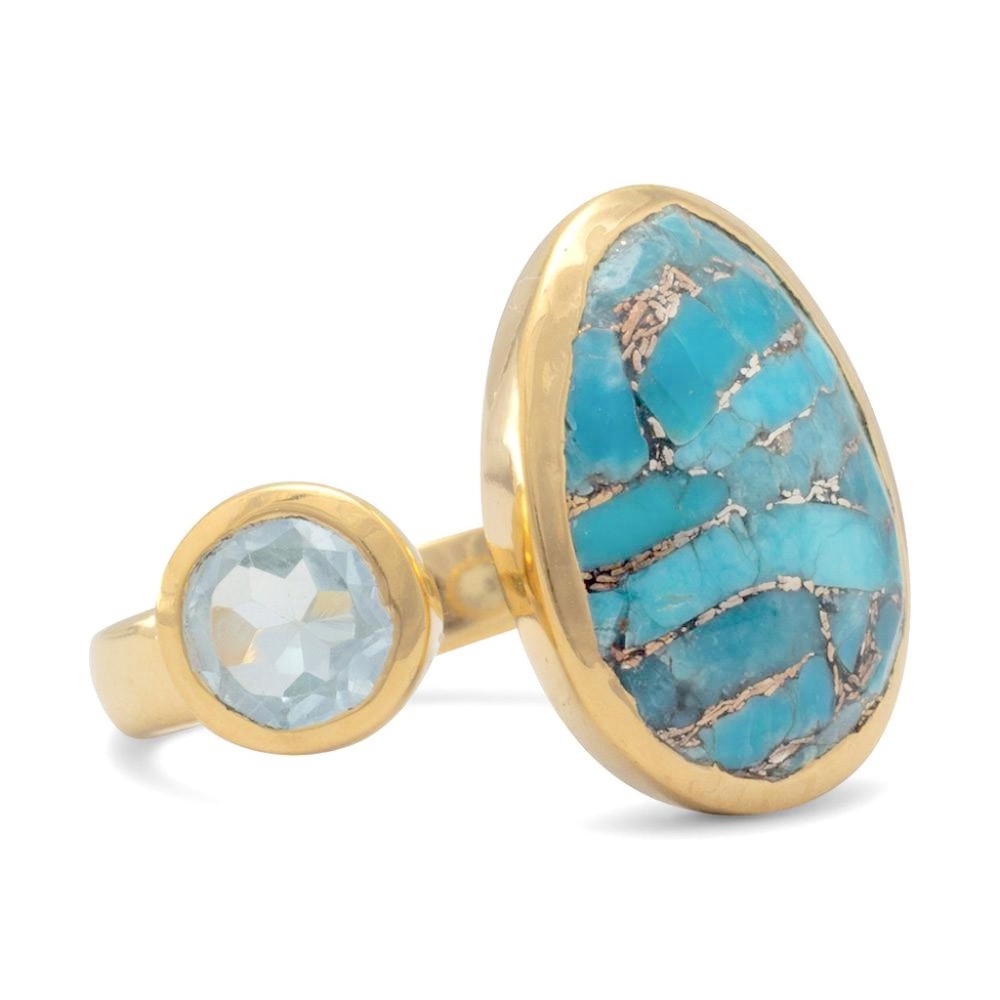 New! Genuine Blue Topaz & Turquoise Bezel Set Ring